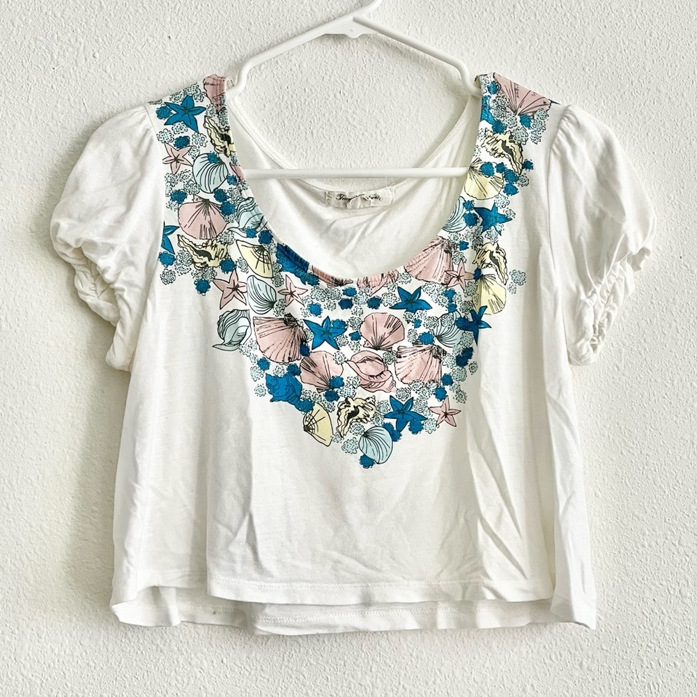 Forever 21 Y2K Oceanside Beach Seashell Starfish Print Cropped Top Size Medium